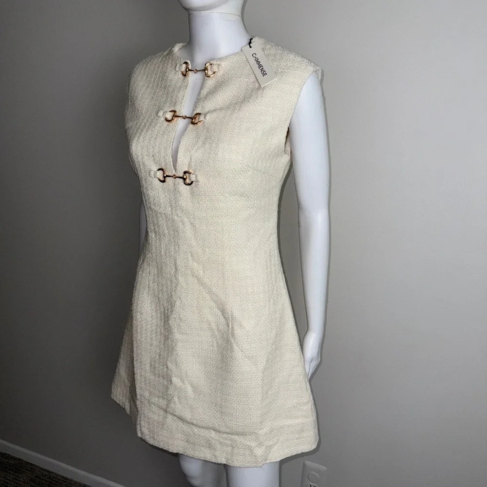 Commense Tweed Mini Dress Sleeveless Gold Buckle Detail Ivory Party Cocktail M‎ - Picture 16 of 17